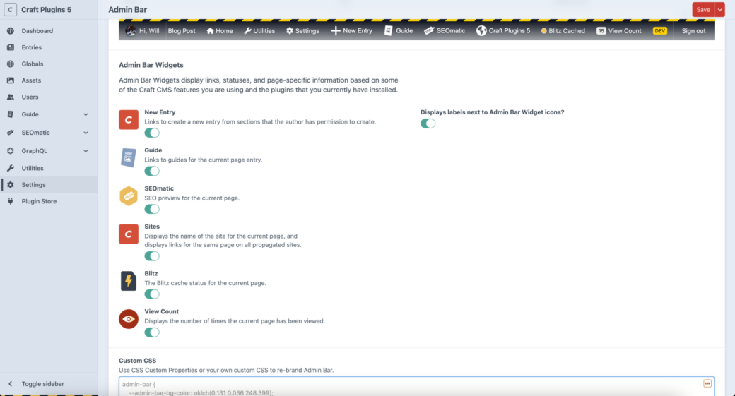 Admin bar settings widgets labels