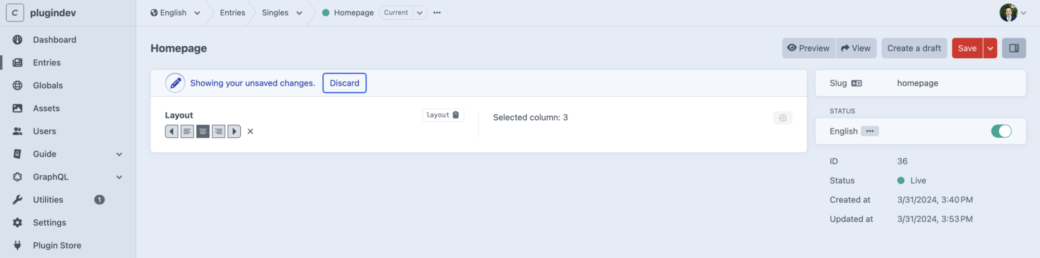 Entry field layout column value